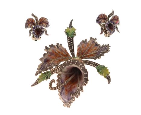 Circa 1930s enamel and marcasite orchid brooch, 8cm wide approx, and a pair of similar ear clips (2)