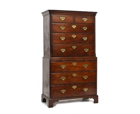 George III mahogany chest-on-chest or tallboy, the moulded cavetto cornice over two short and three long drawers all with pie