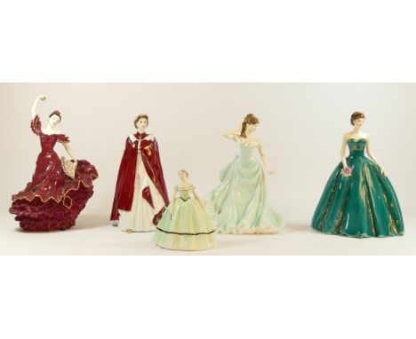 A collection of five bone china figurines, to include Royal Worcester "The Queen", Royal Doulton Ltd Edition "Forever", Coalp