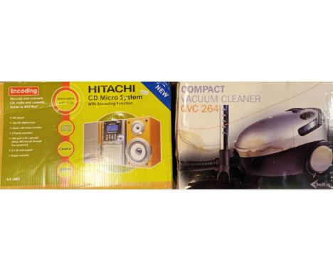 An Hitachi micro hi fi system AX-M83 (boxed) together with a Delta compact vacuum cleaner CVC 264 (boxed) (2).