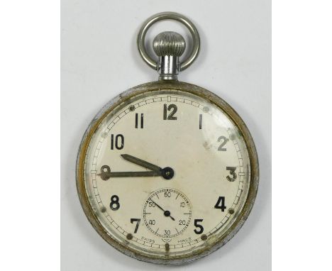 A War Department chrome plated open face keyless wind pocket watch, engraved broad arrow over G.S.T.P. over Q15088, 50mm 