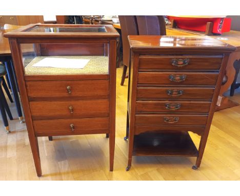 An Edwardian inlaid mahogany bijouterie cabinet, glazed top and sides, above three drawers, standing on tapering legs - H: 89