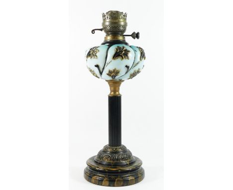 Louis Philipe style French oil lamp, brass column with opaline blue globe, raised on a stepped base with painted decoration -