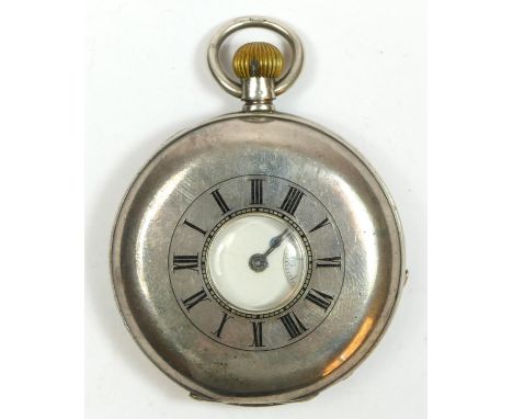 A Swiss silver half hunter keyless wind pocket watch, .935 standard, engraved R. Fox, 50mm. 