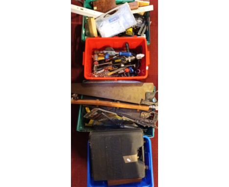 Four boxes of hand tools to include wood bits, spanners, drills, saws, screw drivers and hydraulic jack. 