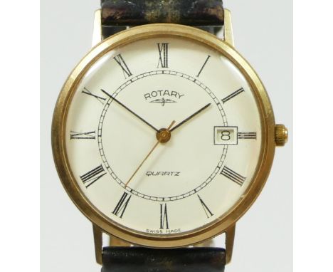Rotary, a 9ct gold date quartz gentleman's wristwatch, c.1988, white dial with Roman numerals, 32mm, leather strap, original 