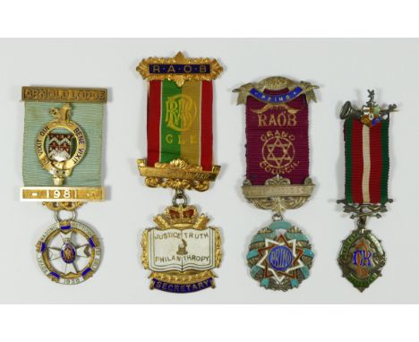 A silver gilt and enamel Royal Masonic Institution for girls jewel, 1936, an Ancient Order of the Foresters jewel and two ARO