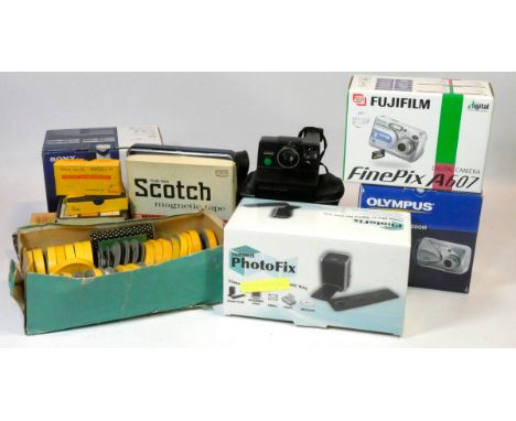 A Olympus C-460 digital camera, boxed, a Fujifilm Finepix A607 digital camera, boxed, together with projectors, viewers, reel