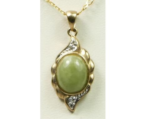 A 9ct gold, jade and diamond set pendant, chain, 2.9gm 