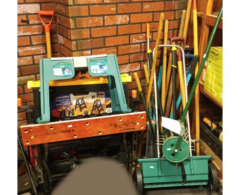 A selection of garden hand tools and accessories, together with a workmate bench, garden kneeler and two folding seahorse sup