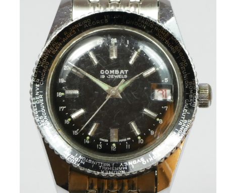 Combat a stainless steel manual wind black dial and date gentleman's wristwatch, outer rotating bezel with various cities, 35
