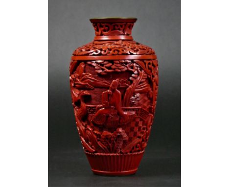 A Chinese carved cinnabar baluster vase, with blue enamel interior, 15.5cm 