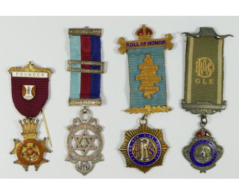 A silver gilt and enamel Masonic jewel, St. Ebba Chapter, a silver Masonic jewel and two ROBO silver and enamel jewels, 128gm