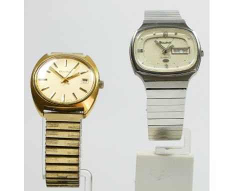 Bulova, a gilt metal manual wind date gentleman's wristwatch, ref N4, 35 mm, expanding strap, together with a Bulova stainles