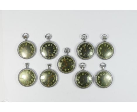 Waltham War Department, a collection of nine chrome open face keyless wind black dial pocket watches, all Broad Arrow, all sp