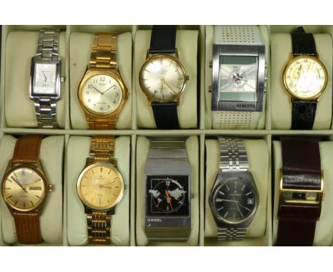A collection of ten various gentleman's wristwatches, both manual wind and quartz, together with a watch display case 