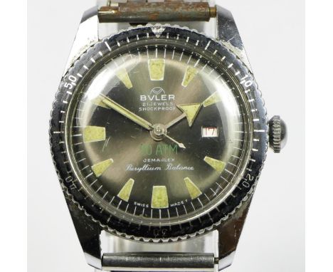 Bvler, a stainless steel 20 ATM Jemflex, Beryllium Balance date manual wind gentleman's wristwatch, rotating bezel, 35mm. 
