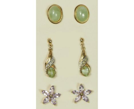 A 9ct gold pair of jade ear studs, an amethyst pair and a topaz pair, 4.4gm 