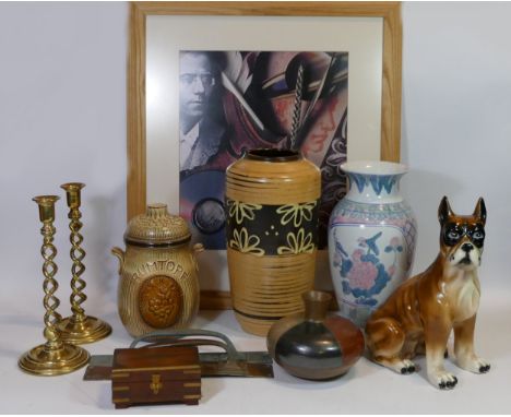 A pair of twisted brass candle sticks, 33cm tall, a pair of brass door handles, a wooden box with brass fittings, a ceramic f