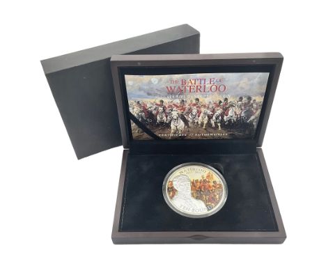 Queen Elizabeth II Bailiwick of Guernsey 2015 'The Battle of Waterloo' sterling silver proof five ounce ten pounds coin, case