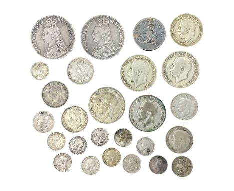 Two Queen Victoria crown coins dated 1890 and 1891, approximately 90 grams of Great British pre 1947 silver coins, King Georg