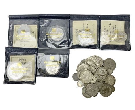 Approximately 280 grams of Great British pre 1947 silver coins, Barbados 1994 silver one dollar, Fiji 1994 silver proof five 