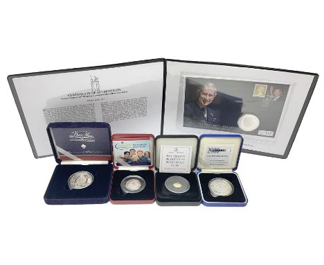 Queen Elizabeth II 2000 'The Queen Mother' silver proof five pound coin, 2000 'Millennium' silver proof five pounds, 2007 'Sc