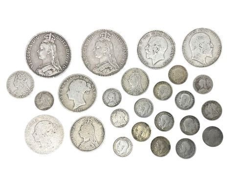 Approximately 150 grams of Great British pre 1920 silver coins, including two Queen Victoria crowns dated 1889 and 1891, 1885