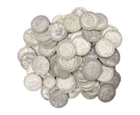 Approximately 500 grams of Great British pre 1947 silver coins, including  two shillings, one shillings and threepence pieces