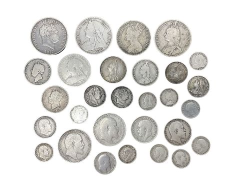 Approximately 145 grams of Great British pre 1920 silver coins, including George III 1817 halfcrown, Queen Victoria Gothic fl