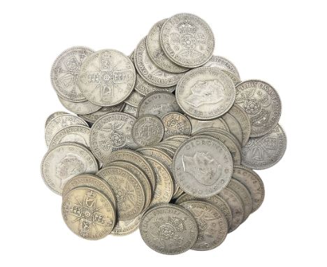 Approximately 500 grams of Great British pre 1947 silver coins, including  florins, one shillings and threepence pieces