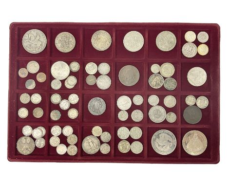 Great British and World coins including King George V 1935 crown, various silver three pence pieces, United States of America