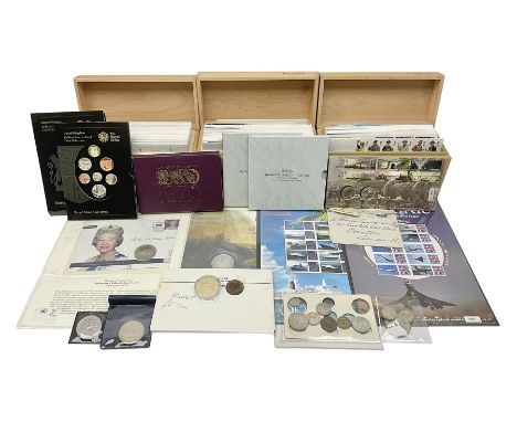 Coins and stamps, including The Royal Mint Great Britain 1970 coin set in plastic holder, 2006 'Brunel' coin cover containing