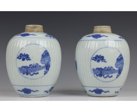   China, paar blauw-wit porseleinen gemberpotten in Kangxi stijl, geribd en met voorstelling van kostbaarheden h. 16 cm. [2] 