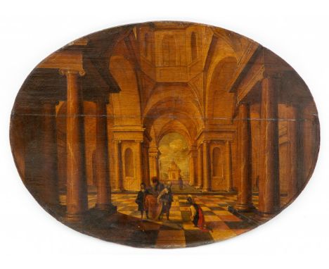  Jan Juriaensz van Baden (ca. 1604-1663) Kerkinterieur met figuren paneel, ovaal, onduidelijke signatuur r.o., 39 x 53 cm. [