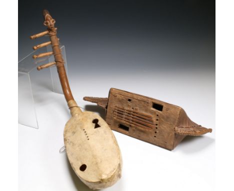   DRC, Mangbetu, harp with finely carved bust and a collection of various decorative objects a.w. kalimba, lobi flute and col