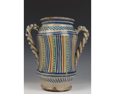   Italie, Umbrie, majolica albarello, 16e eeuw, met getordeerde oren en blauw-groen-geel lijndecor (beschadigd en gerestauree