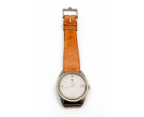   Omega herenpolshorloge, electronic chronometer F300, jaren '70 aan licht bruin lederen band 1          