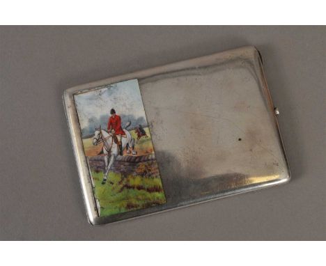 A silver and enamel cigarette case, the gilt interior stamped '900', the cover with rectangular enamelled plaque depicting a 