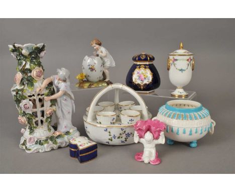 A small group of English and European ceramics to including a Royal Crown Derby pot pourri vase and cover decorated with flow