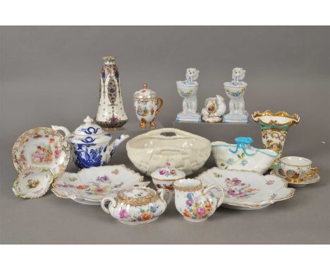 Assorted English and European ceramics including a Royal Worcester vase, Dresden cream jug, twin-handled sugar and pair of pl