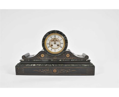 A large and impressive Victorian black slate and marble cased mantle clock, with a recessed white enamel dial with black Roma