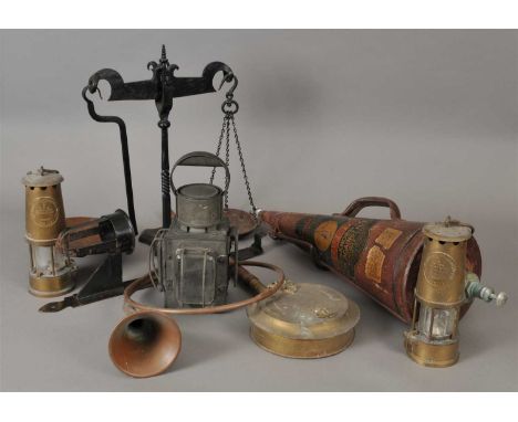 A miscellaneous collection to include two No.6 Protector Company, Eccles mining lamps, a maritime oil burning lantern, a Mini