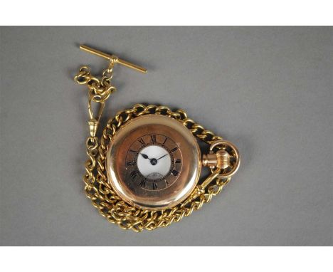 Dennison cased 10ct gold plated half-hunter pocket watch with associated chain, white enamel dial with black Breguet numerals