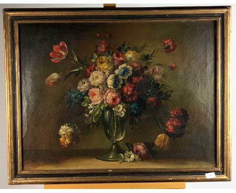 British school, early 20th century, Still life of flowers in a glass vase, oil on canvas, 59 x 80cm