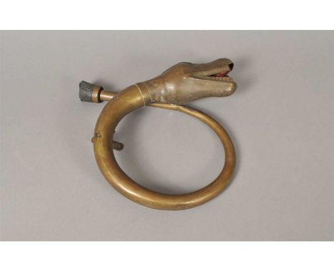 An Edwardian brass serpent 'boa constrictor' automobile horn, the serpent's head with moulded detail highlighted with a red p