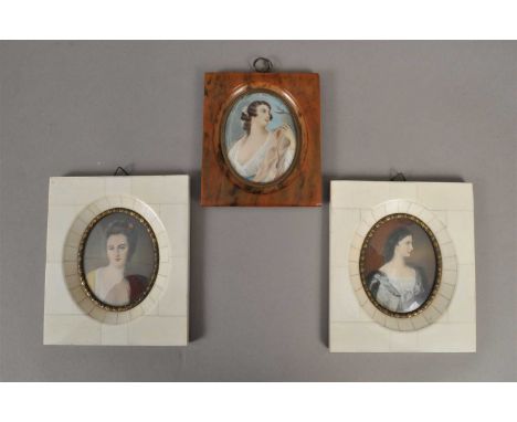 British school, early 20th century, portrait miniature of a lady, signed 'Curriers', together with a further two miniatures b