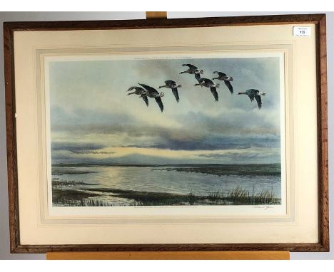 Roland Green, Canada Geese in Flight, signed, reproduction print, 37 x 55cm (SH)