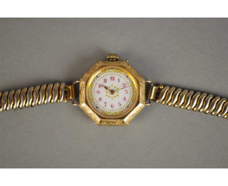 Ladies Octagonal Fob Watch Stamped 14K with white enamel dial and magenta arabic numerals, with gilt flora decoration applied