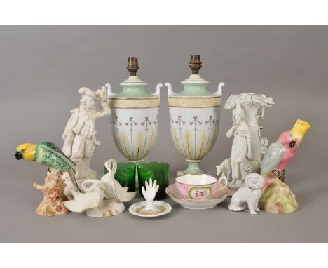 An assorted collection of ceramics and glass to including porcelain and pottery models of birds, a selection of bisque portra